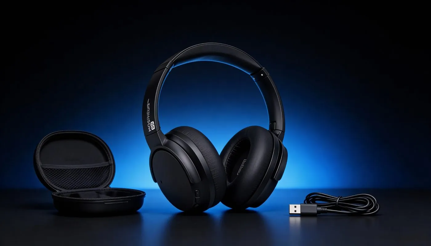 Black over-ear headphones lit with blue light